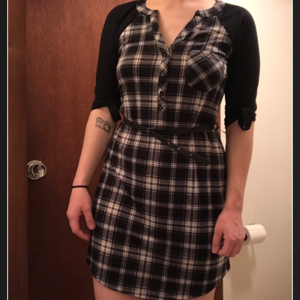 3/4 sleeve plaid dress